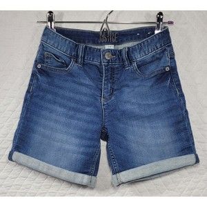 Justice Girl's Denim Shorts Blue Jean Stretchy Rolled Cuffs Button Zip Size 14